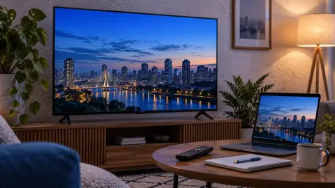 Televisão com paisagem urbana refletida na água em sala de estar.
