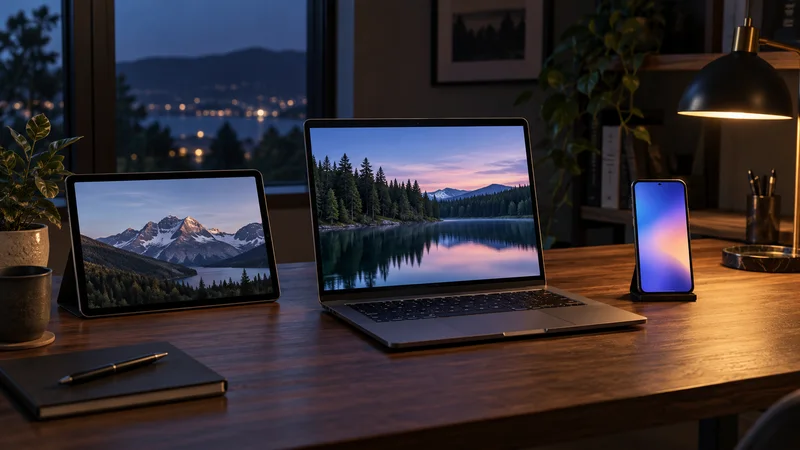 Celular, tablet e notebook sobre uma mesa, com paisagens e gradiente nas telas.
