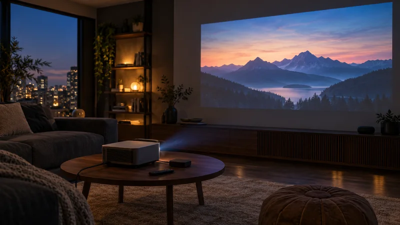 Sala com projetor, fonte externa e paisagem projetada na parede.