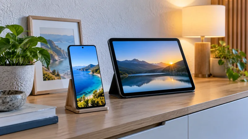 Celular e tablet com paisagens de lago e montanhas, apoiados sobre móvel de madeira.