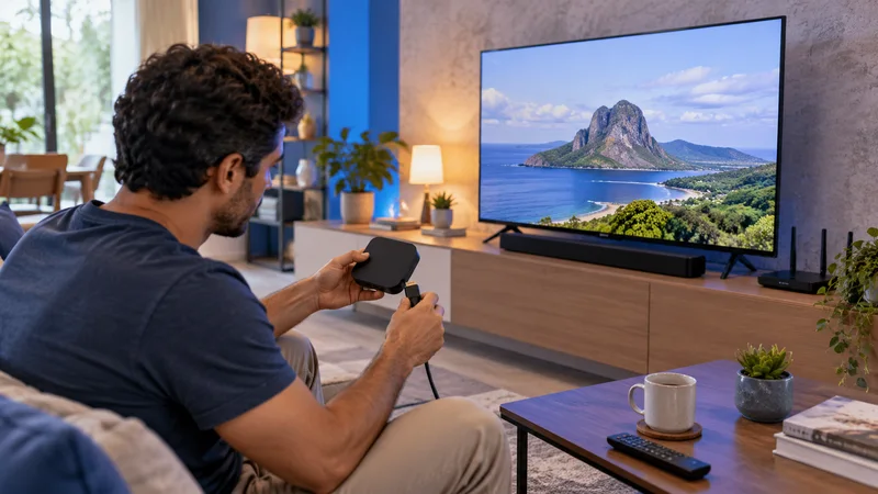 Pessoa segurando aparelho diante de televisão com paisagem costeira, em sala iluminada.