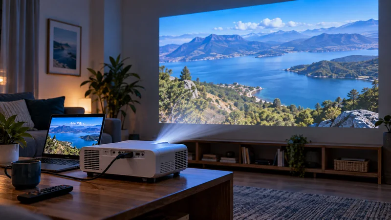 Projetor e notebook sobre mesa de madeira, com paisagem costeira projetada na parede.