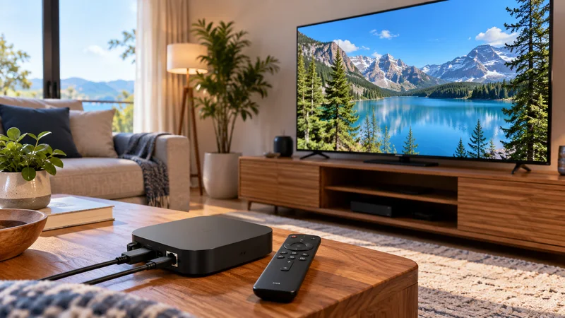 Aparelho de reprodução com cabos e controle remoto sobre mesa de centro, televisão com montanhas e lago ao fundo.