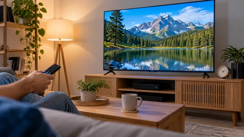 Pessoa com controle remoto diante de televisão com lago entre montanhas.