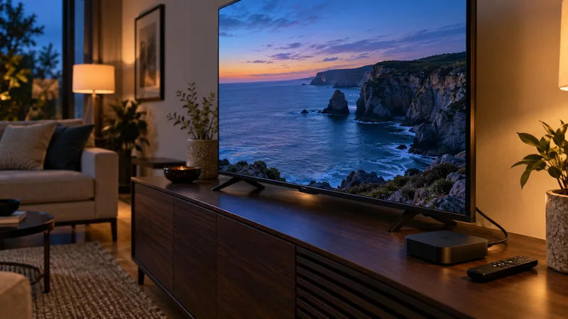 TV Box e controle ao lado de uma televisão exibindo uma paisagem.